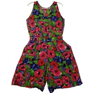 Vintage Kathryn Deene New York ~Woman Size 14~ Blue/Red Floral Print Romper.